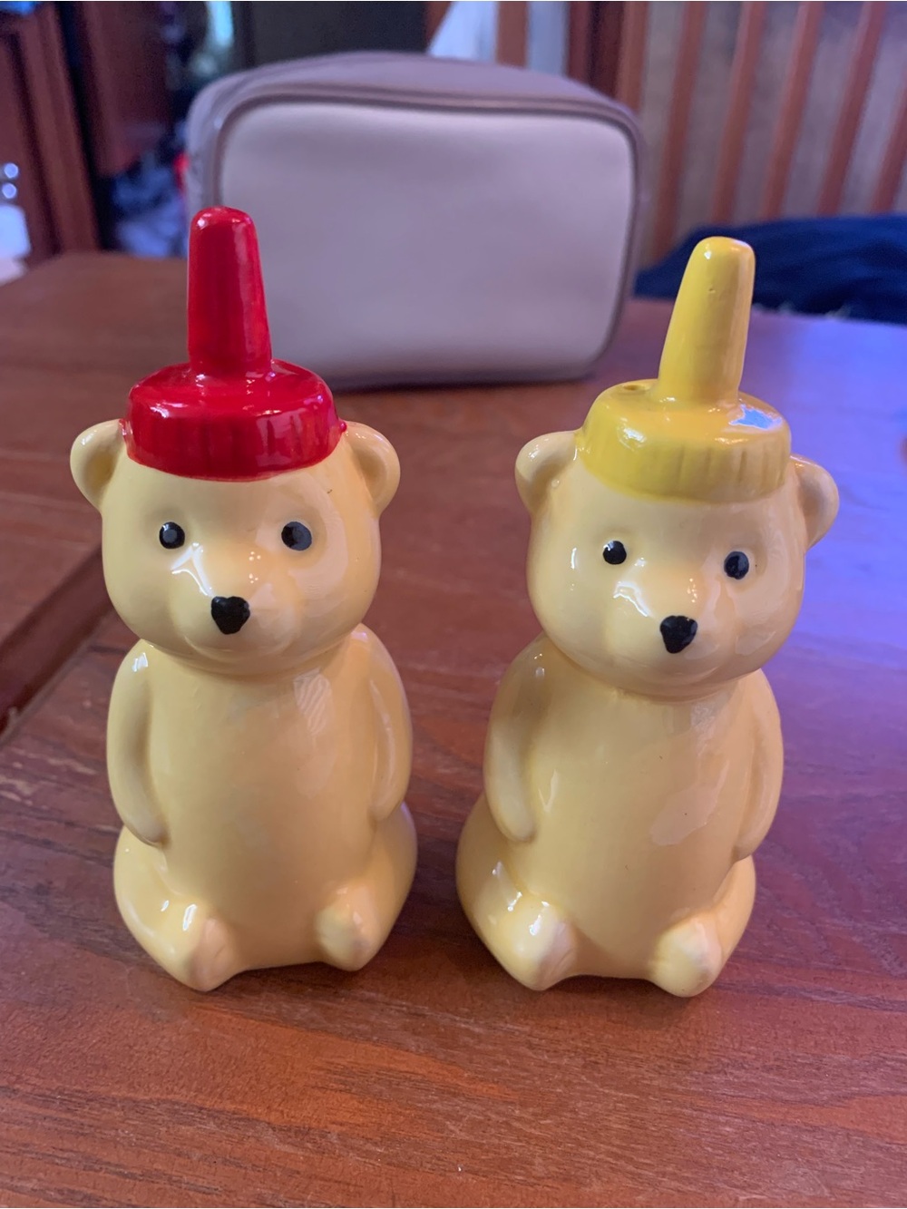Yellow Honey Bear Bottle Ceramic Salt & Pepper Shakers with Red and Yellow Caps